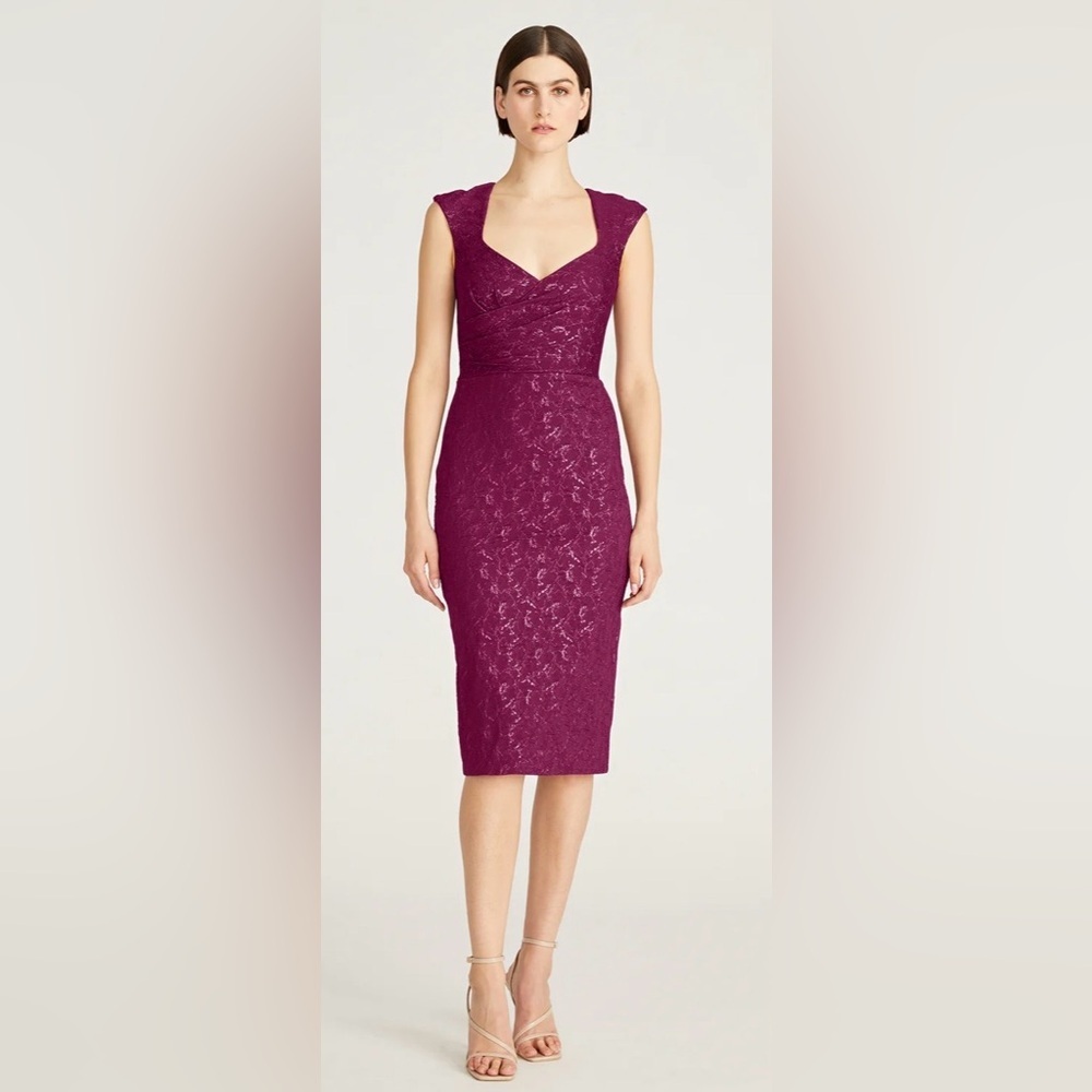 Theia Omnia Fitted Cocktail Dress Sangria Purple Textured Jacquard Size 8 NWT